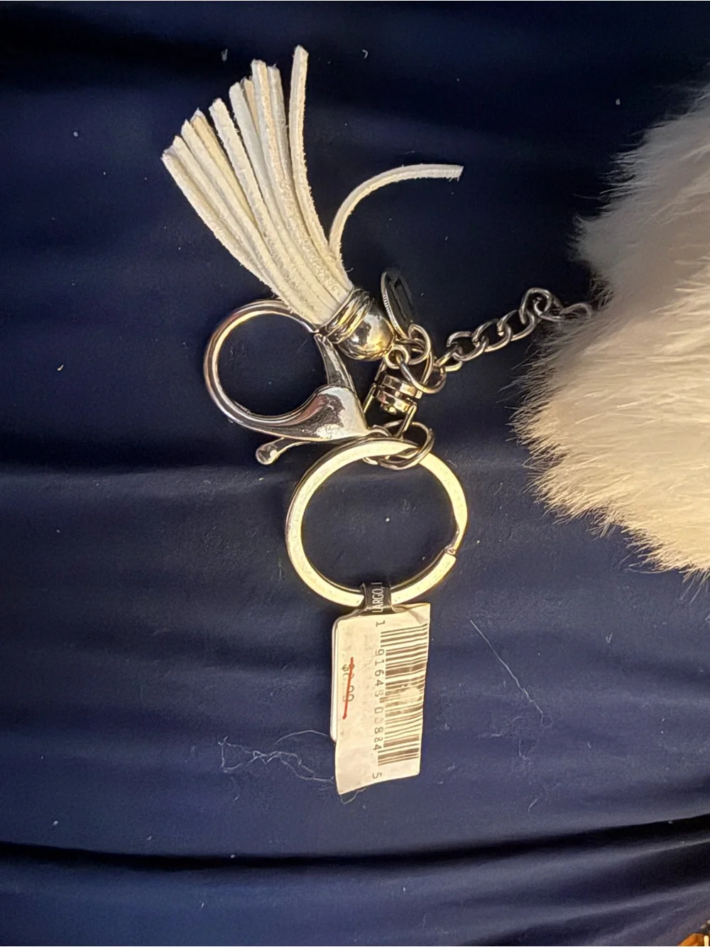 White Faux Fur Pom Pom Keychain with Tassel Accent